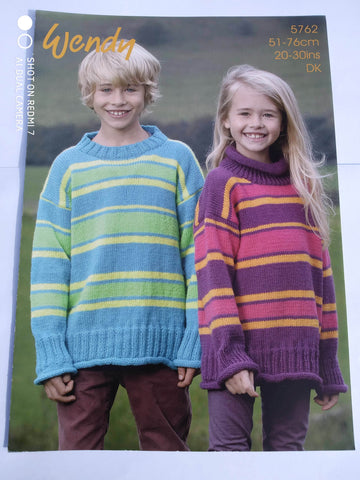 WENDY WOOL DOUBLE KNITTING PATTERN 5762 CHILDS STRIPED SWEATER CREW OR POLO NECK