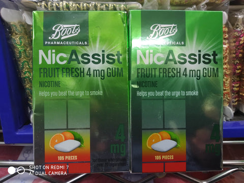 BOOTS NICASSIST MEDICATED FRUIT FLAVOUR CHEWING GUM 210 PIECES 2MG NICOTINE EXPIRY 2025