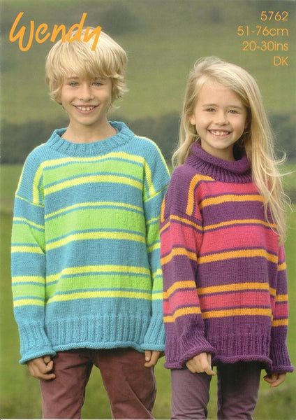 Wendy Double Knitting Wool Knitting Pattern Leaflet 5762 Childs Striped Sweater, Crew or Polo Neck