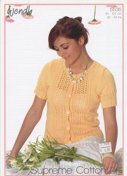 Wendy Supreme Cotton Chunky Knitting Pattern Leaflet 5659 Ladies Short Cardigan & Lacy Top