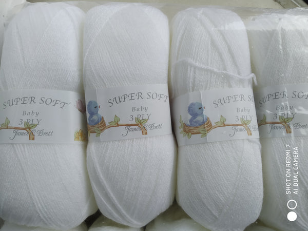 JAMES C BRETT SUPERSOFT BABY 3PLY KNITTING WOOL YARN 5X100G WHITE NEW