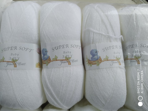 JAMES C BRETT SUPERSOFT BABY 3PLY KNITTING WOOL YARN 5X100G WHITE NEW