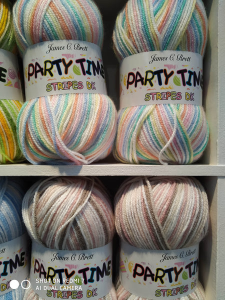 JAMES C BRETT PARTY TIME STRIPES DOUBLE KNITTING WOOL YARN 5X100G RAINBOW MIX VARIOUS COLOURS CHOOSE